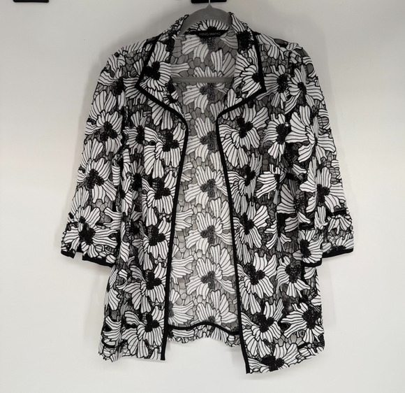 Ming Wang Jackets & Blazers - Ming Wang Sheer Lace Jacket Womens XS Black White Floral Open Front 3/4 Sleeves